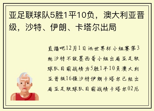 亚足联球队5胜1平10负，澳大利亚晋级，沙特、伊朗、卡塔尔出局