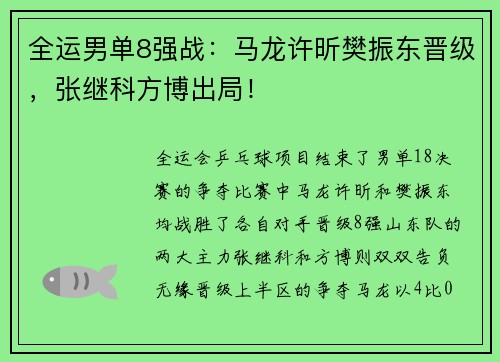 全运男单8强战：马龙许昕樊振东晋级，张继科方博出局！